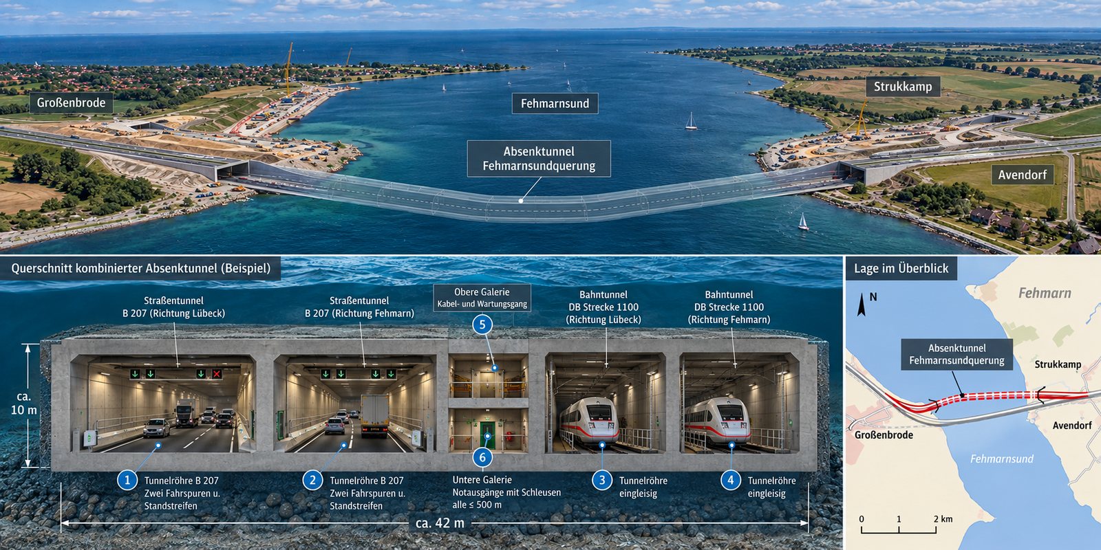 Visualisierung der Fehmarnsundquerung: Trasse des Absenktunnels zwischen Großenbrode und Fehmarn mit Querschnitt der Tunnelröhren